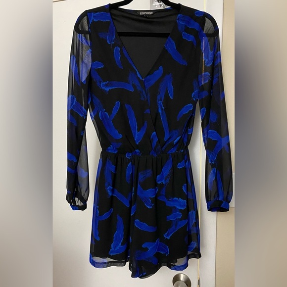 Express Black with Blue Feathers Romper Size XS - Picture 2 of 9